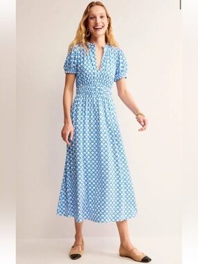 LIKE NEW BODEN Rosanna Jersey Midi Tea Dress- Brilliant Blue, Blossom Tile
